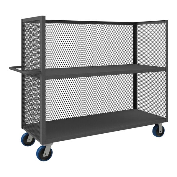 A black metal Durham maintenance cart with mesh shelves and blue wheels.