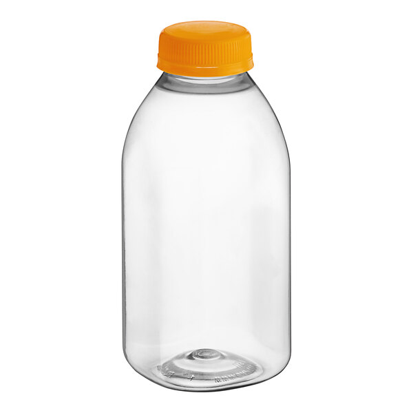 A clear plastic square juice bottle with an orange cap.