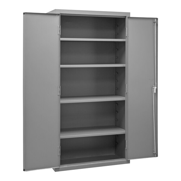 A gray steel shelf cabinet with adjustable shelves.