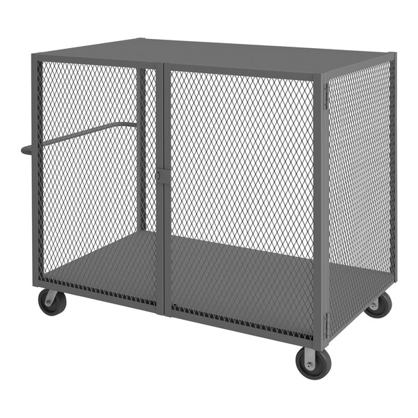 A grey metal cage with wheels.