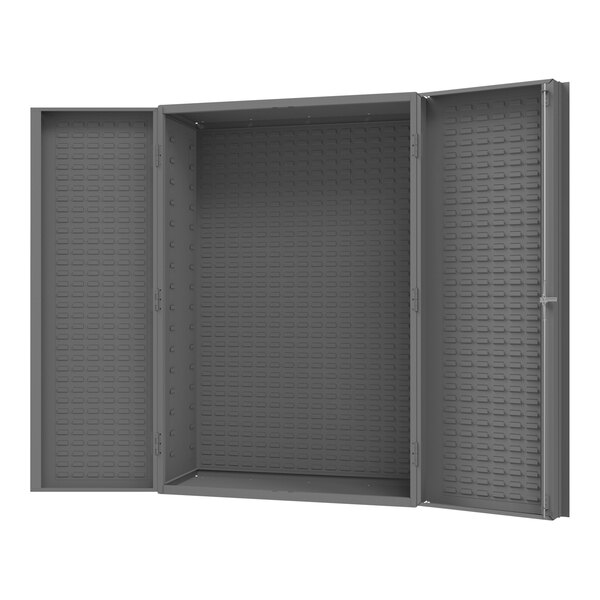 A grey metal Durham storage cabinet with open box-style doors.