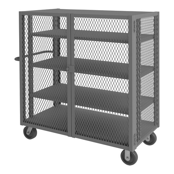 A grey Durham steel cage truck with three shelves on wheels.