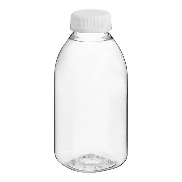 A 12 oz. clear plastic Square Milkman juice bottle with a white lid.