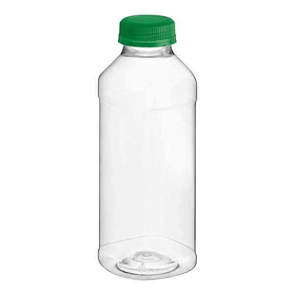A clear plastic 14.5 oz. square juice bottle with a green lid.