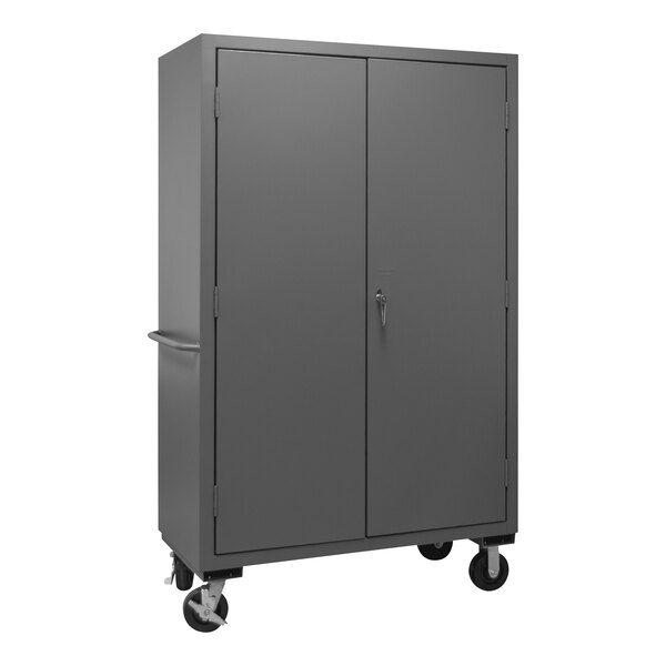 A large grey metal Durham storage cabinet on wheels.