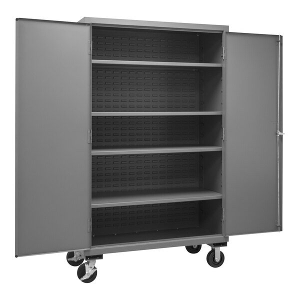 A gray metal Durham storage cabinet with shelves on wheels.
