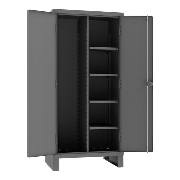 A gray 36" wide steel cabinet with open doors showcasing 4 adjustable shelves.