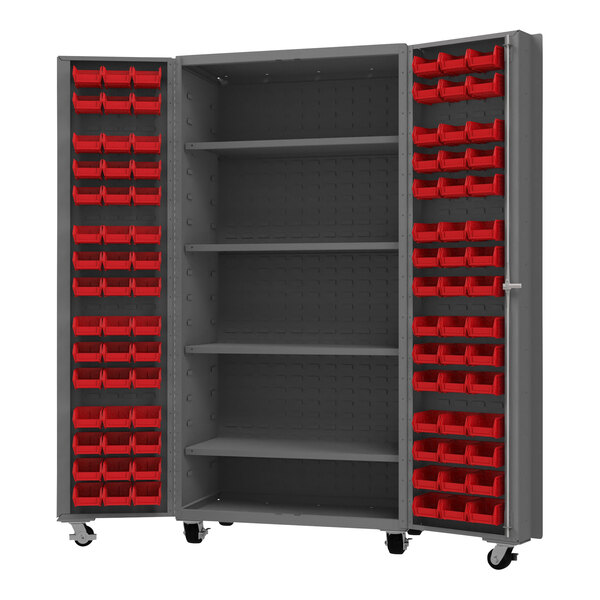 A grey metal Durham storage cabinet with red bins on the shelves.