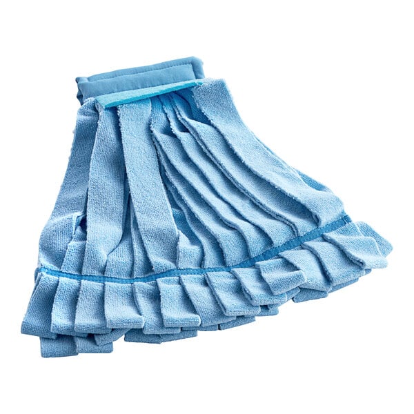 A Lavex blue microfiber strip mop with a blue headband.