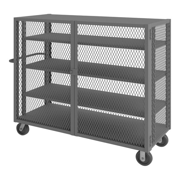 A grey Durham Mfg steel cage truck with shelves and casters.