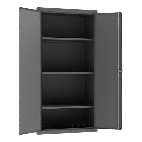 A gray metal shelf cabinet with adjustable shelves and a flush door.