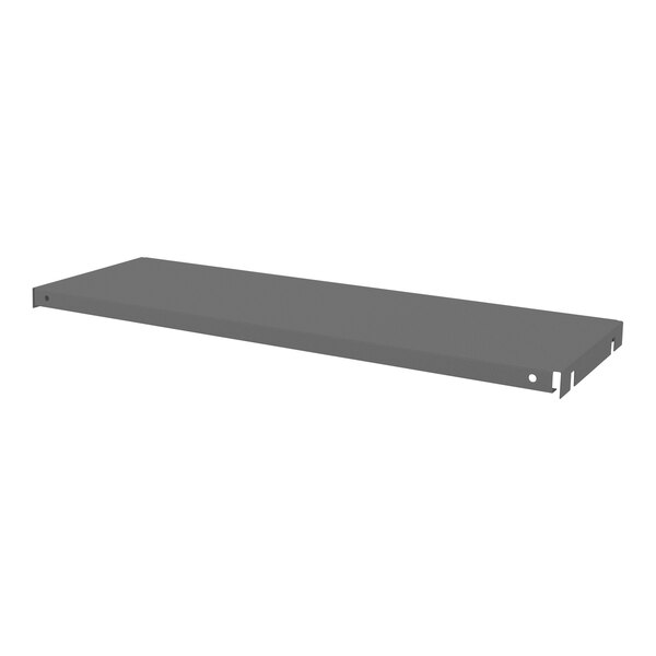 A grey metal Durham Manufacturing steel shelf with holes on a white background.