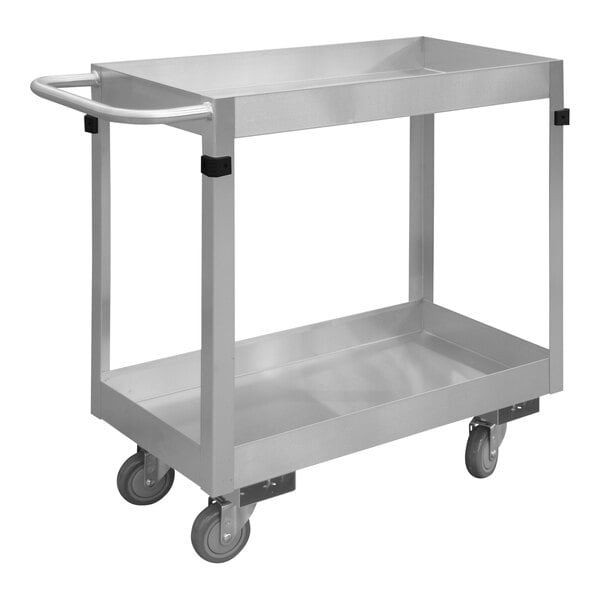 A silver Durham Mfg stainless steel stock cart with wheels and a handle.