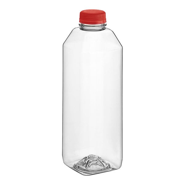 A clear plastic 32 oz. square PET juice bottle with a red cap.