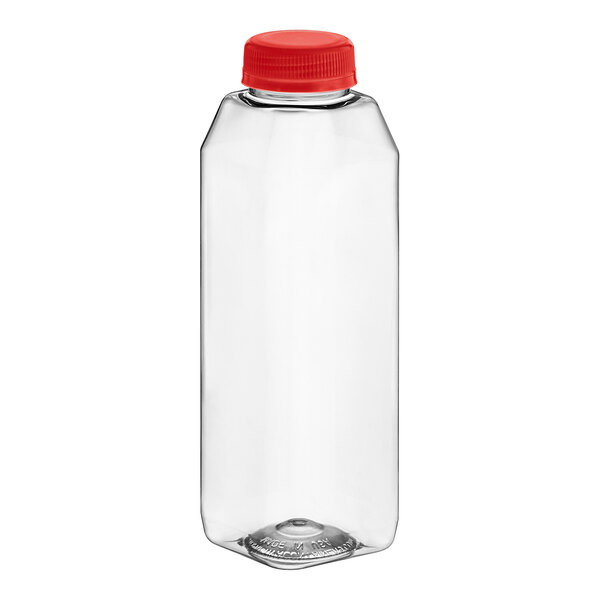 A clear plastic 16 oz. tall square juice bottle with a red cap.