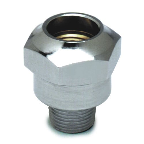 A close-up of a silver T&S swivel faucet piece with a nut.