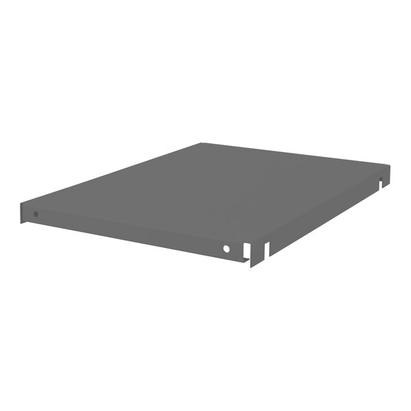 A grey rectangular Durham steel shelf with holes.