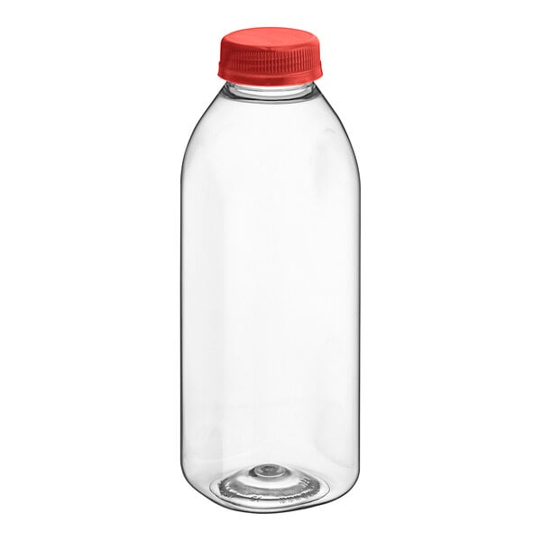 A clear plastic 16 oz. Square Milkman juice bottle with a red cap.