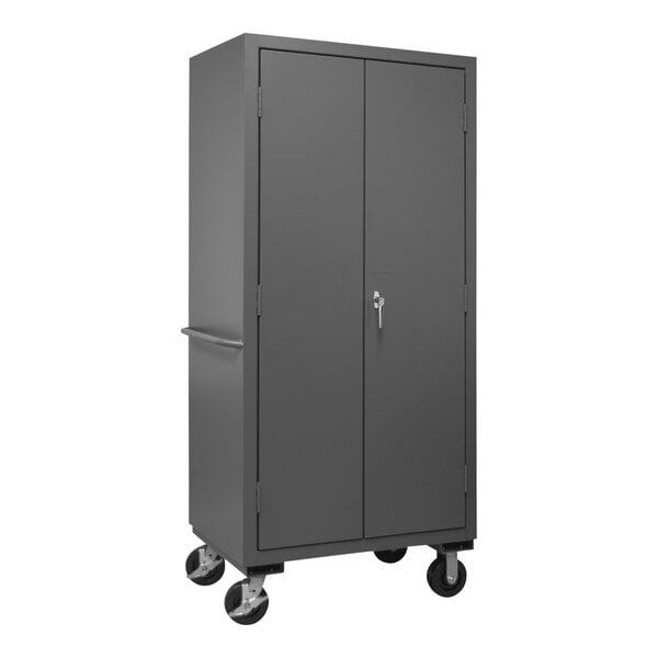 A gray metal cabinet with wheels.