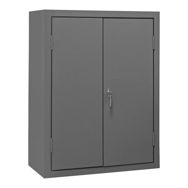 A gray metal shelf cabinet with lockable doors.
