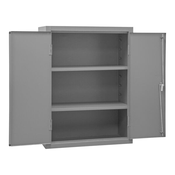 A gray metal shelf cabinet with two shelves and a lockable door.