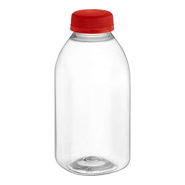 A clear plastic 12 oz. square juice bottle with a red cap.