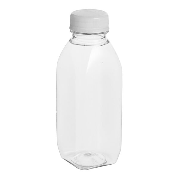 A clear plastic Square Milkman juice bottle with a clear plastic lid.