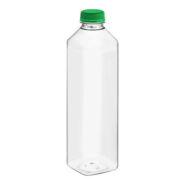 A 32 oz. clear PET juice bottle with a green lid.