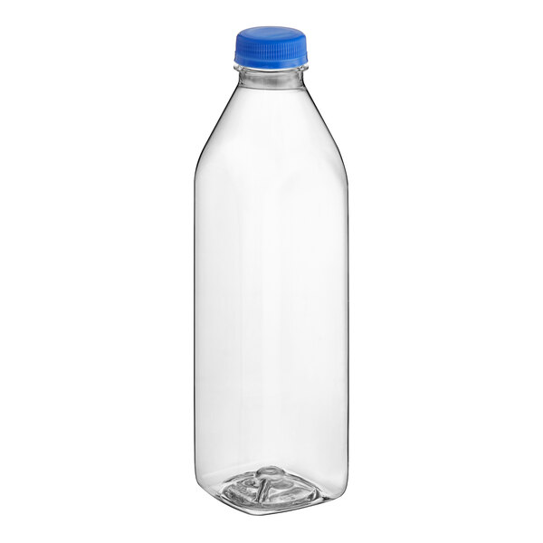 A 32 oz. clear PET square juice bottle with a blue lid.