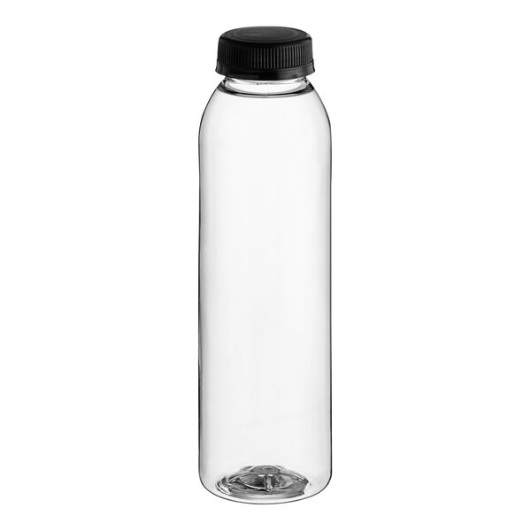 A clear plastic round juice bottle with a black lid.