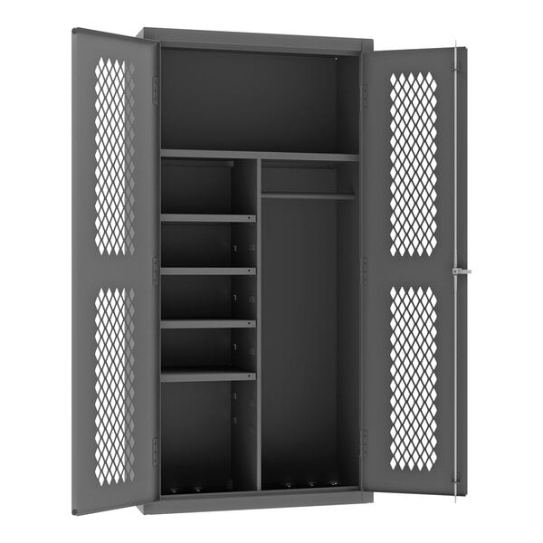 A grey metal cabinet with ventilated doors.