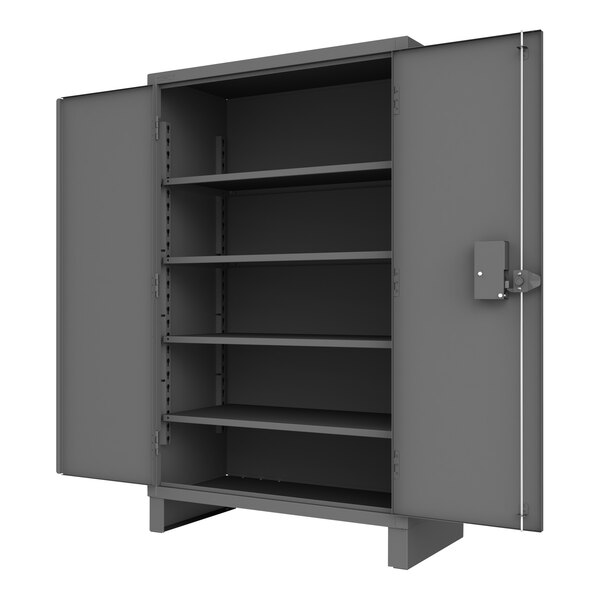 A grey Durham steel storage cabinet with open doors and shelves.
