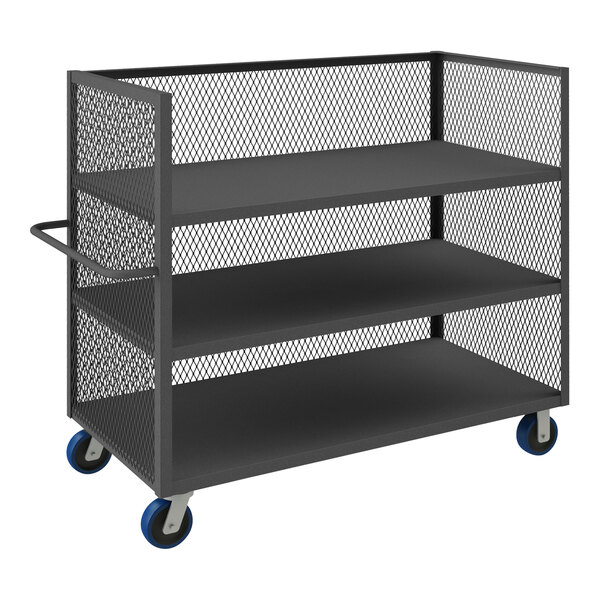A black Durham Mfg 3-tier metal mesh cart with blue wheels.