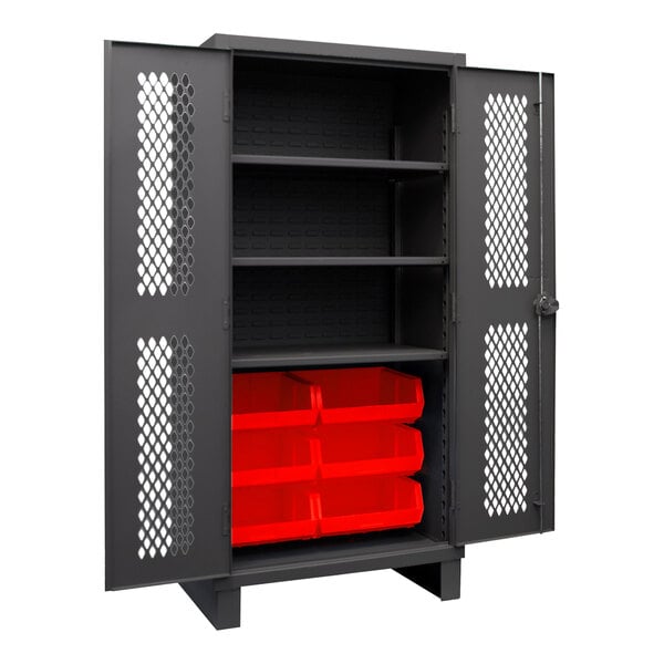 A black metal Durham storage cabinet with shelves and red bins inside.