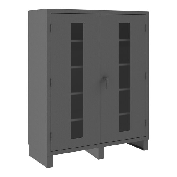 A gray metal storage cabinet with recessed doors.