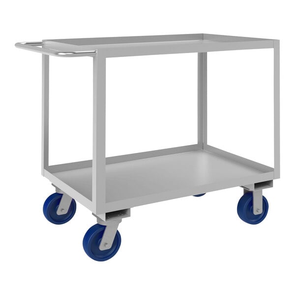 A Durham stainless steel stock cart with blue wheels.