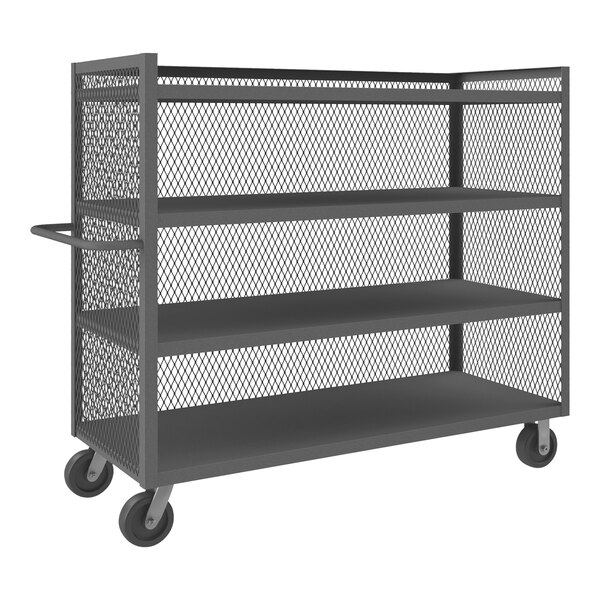 A black metal Durham Manufacturing 3-sided mesh cart with shelves on wheels.