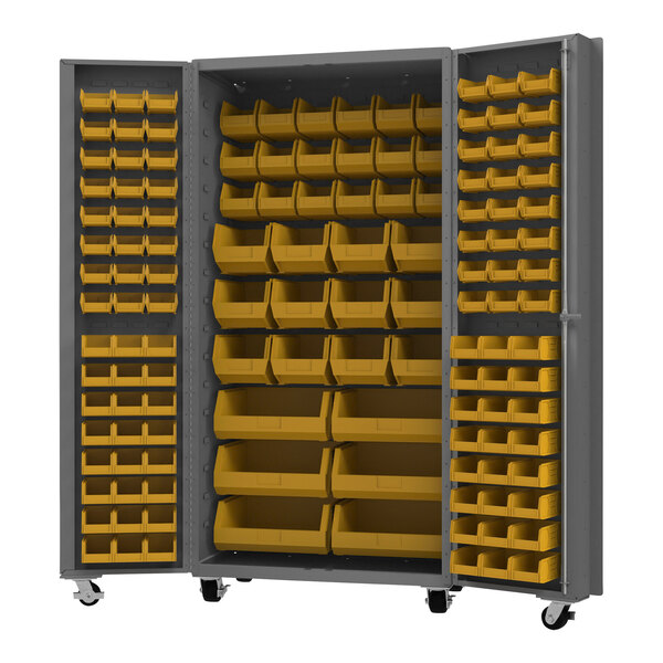 A large gray metal Durham storage cabinet with yellow bins on the shelves.