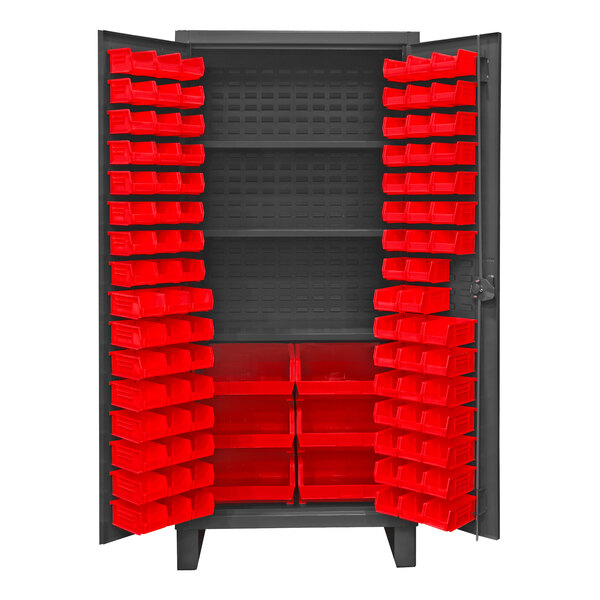 A metal Durham storage cabinet with red bins.