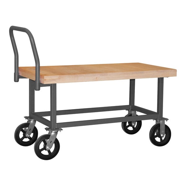 A Durham Manufacturing steel platform truck with a wooden deck and black metal frame on black wheels.