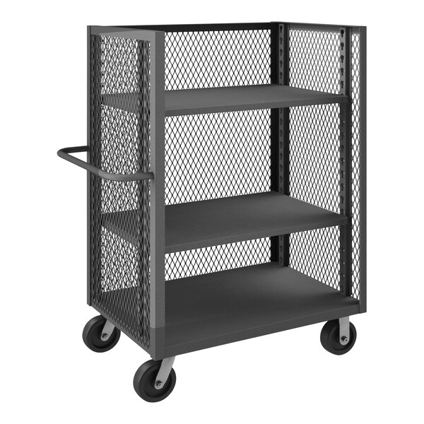 A black metal Durham 3-sided mesh truck with three shelves.