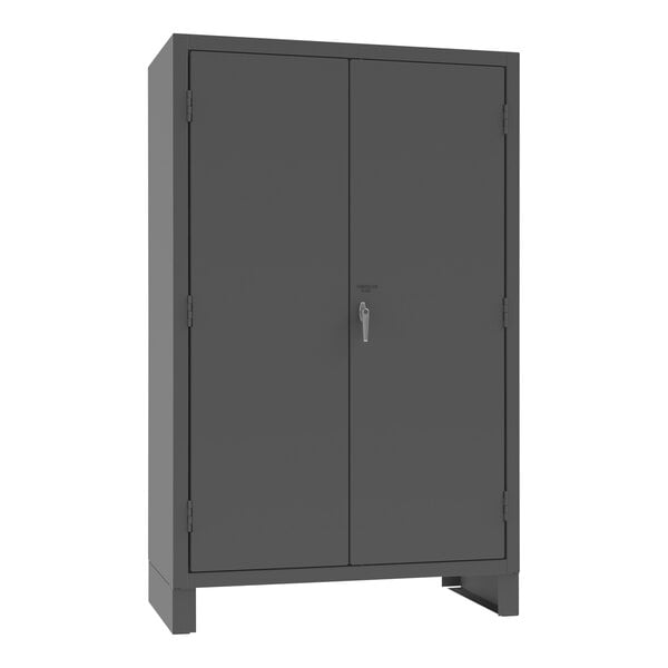 A gray metal cabinet with two lockable doors.