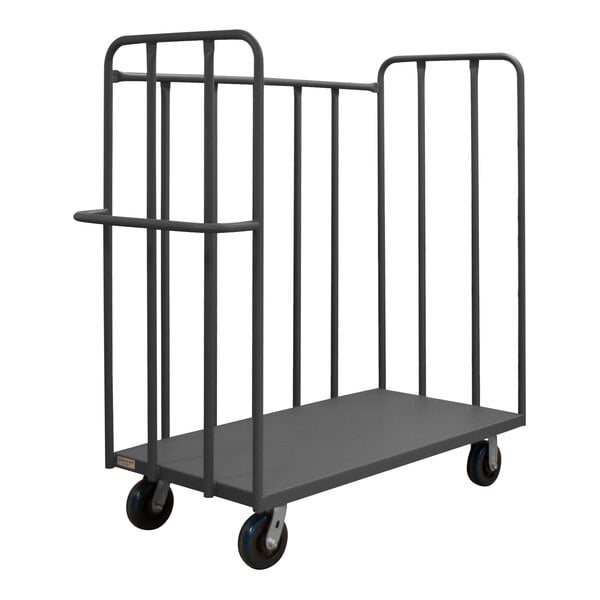 A black Durham Mfg metal cart with a metal frame and bars on wheels.