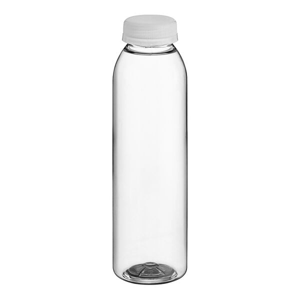 A clear rPET juice bottle with a clear lid.