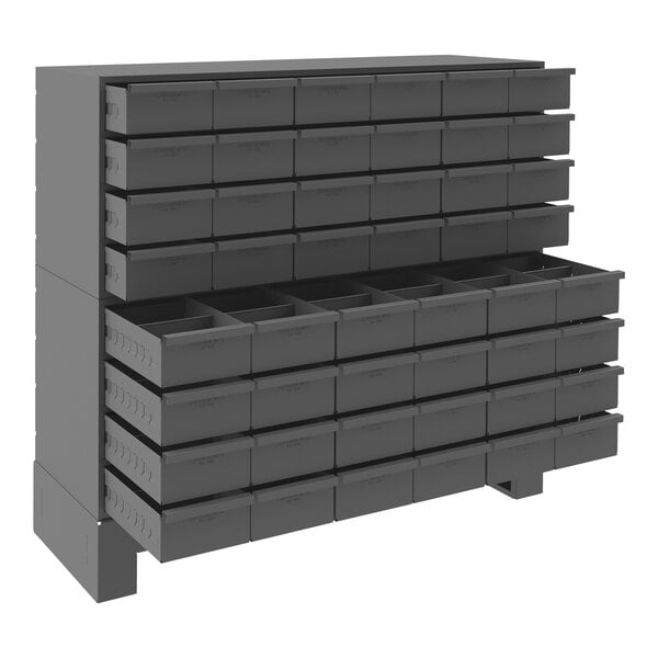 A Durham gray steel storage cabinet with many drawers.