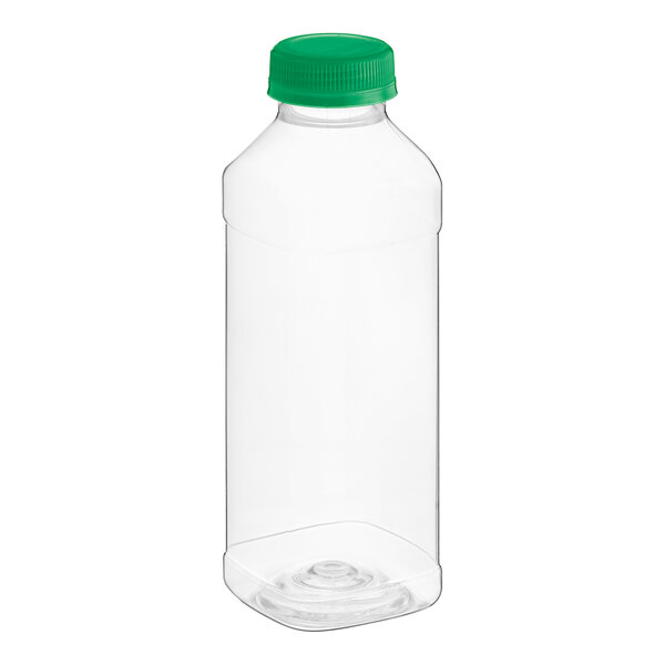 A clear plastic square juice bottle with a green lid.