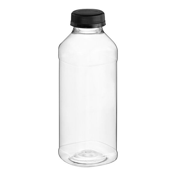 A clear plastic Square PET juice bottle with a black lid.