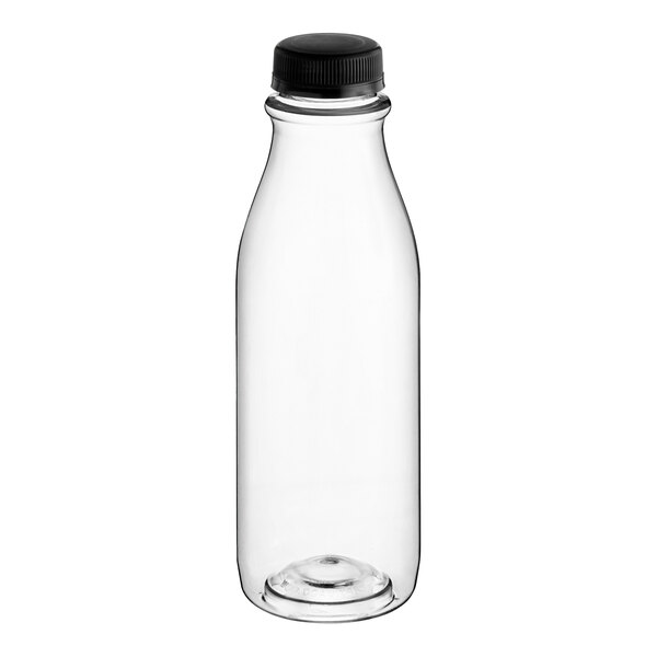 A clear plastic carafe juice bottle with a black lid.