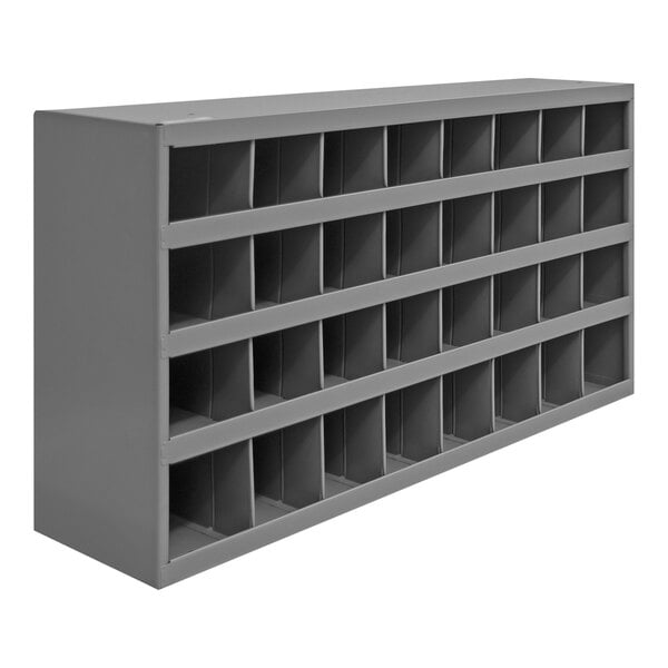 A grey metal Durham Mfg storage bin shelf with many compartments.