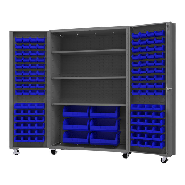 A large gray metal Durham storage cabinet with blue bins on shelves.